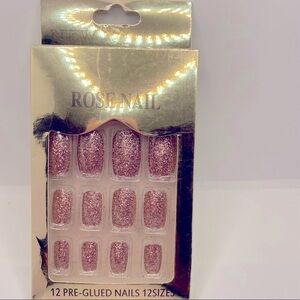 Nails Pink Glitter 12 Piece Set Comes with Glue. Brilliant Sparkle Brand New